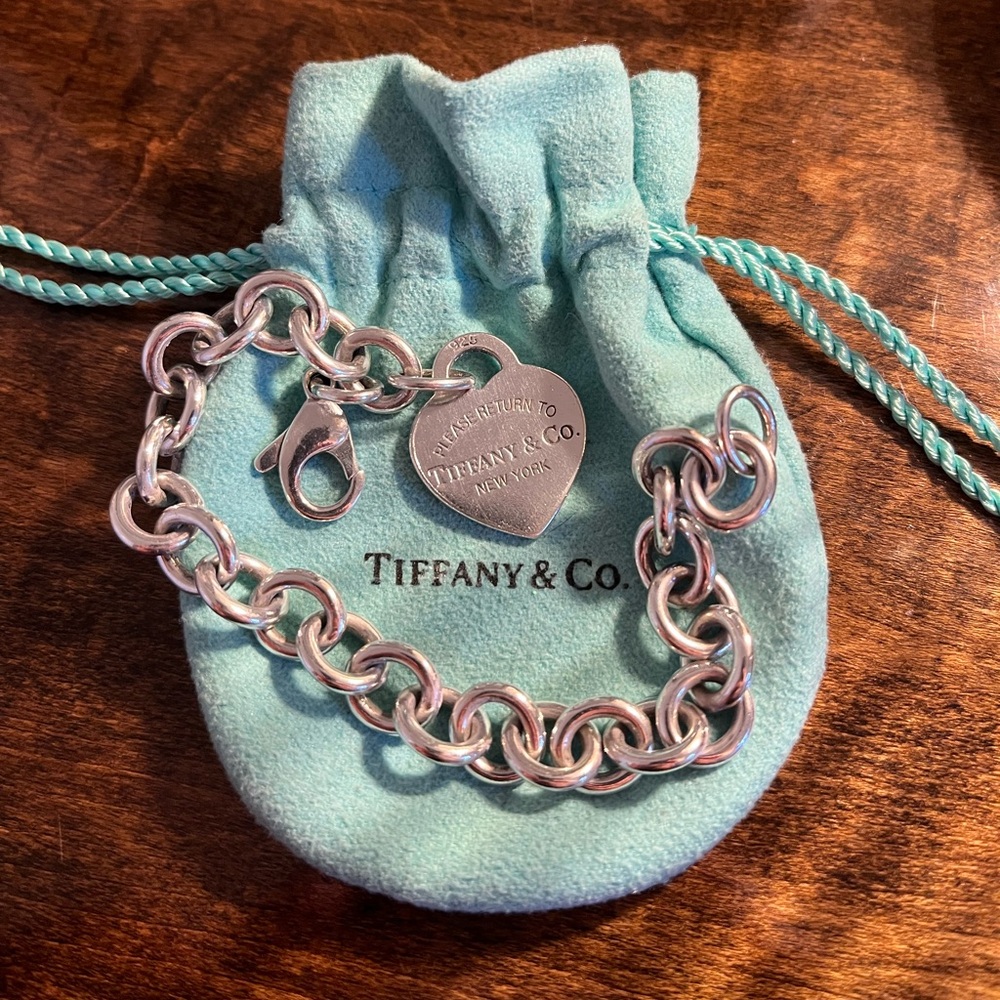Tiffany & Co. Silver Heart Charm Bracelet with Blue Pouch